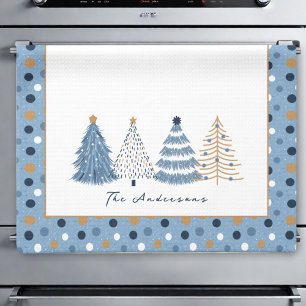 Blue Trees Modern Dots Christmas Holiday Name Tea Towel