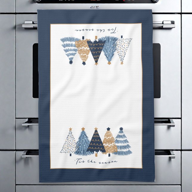 Blue Trees Modern Simple Christmas Holiday Name Tea Towel (Blue Trees Modern Simple Christmas Holiday Name Kitchen Towel)