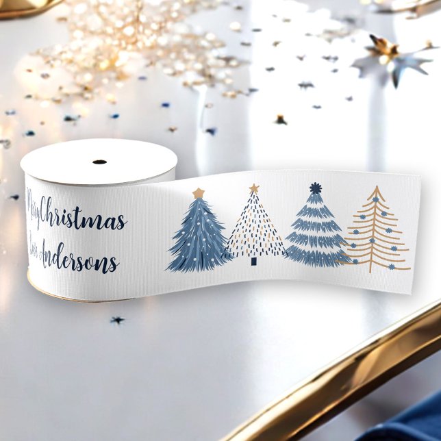 Blue Trees Modern Simple Christmas Name Text Grosgrain Ribbon (Blue Trees Modern Simple Christmas Name Text Grosgrain Ribbon)