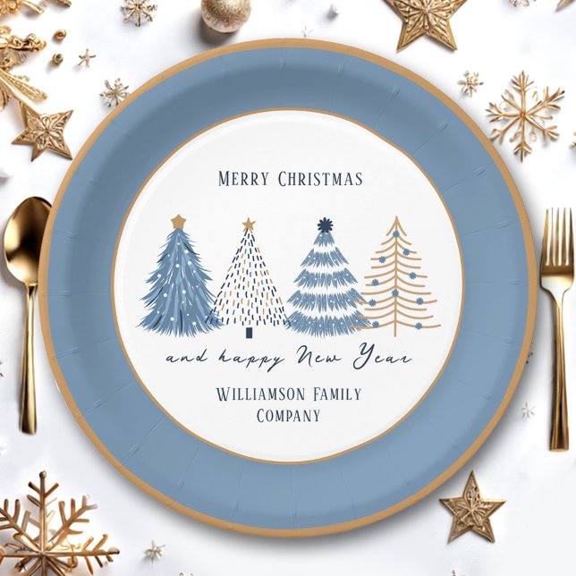 Blue Trees Modern Text Name Christmas Holiday Paper Plate (Blue Trees Modern Text Name Christmas Holiday Paper Plates)