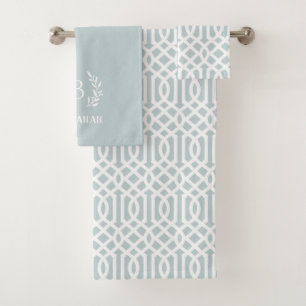 Blue Trellis and Branch Monogram   Farmhouse Bath Towel Set