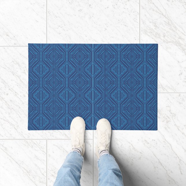 Blue Trellis Modern Stripe Squares and Diamonds Doormat (Indoor)