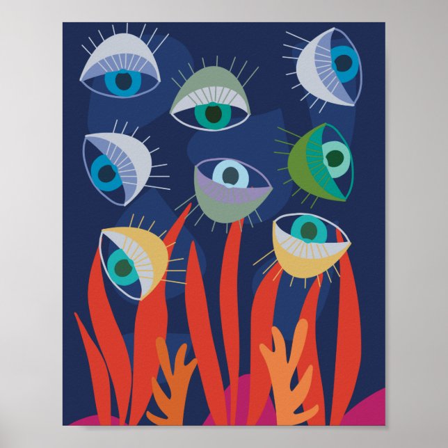 Blue trendy abstract water eyes ocean art poster (Front)