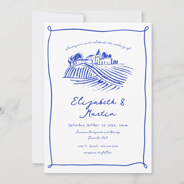 Blue Trendy Hand Drawn Vineyard Wedding Invitation (Front)