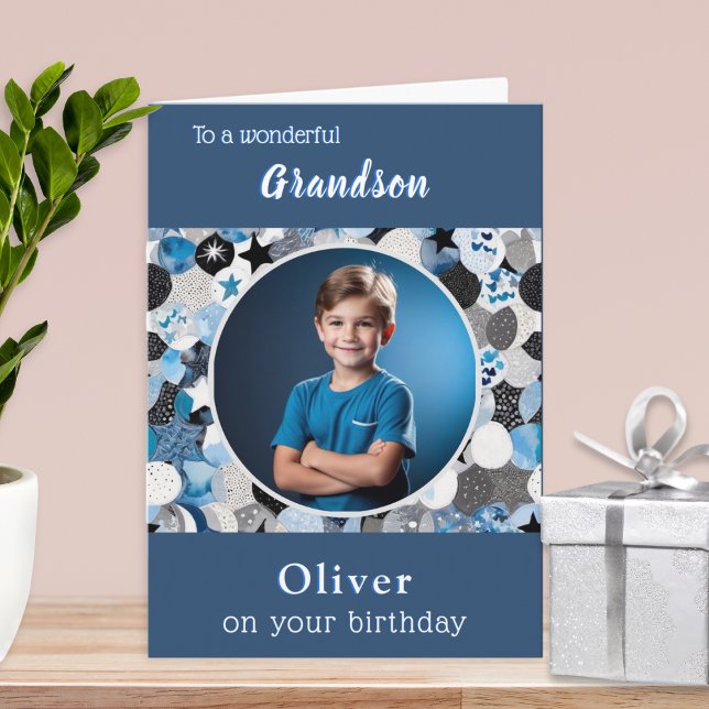 Blue Trendy Modern 1 Photo Grandson Birthday Card (A birthday card for your grandson, to personalize with a photo and name)