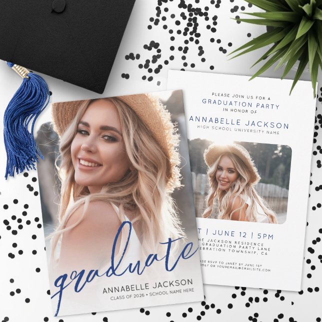 Blue Trendy Script Graduate Photo Graduation Invitation (Blue Trendy Script Graduate Photo Graduation Invitation)