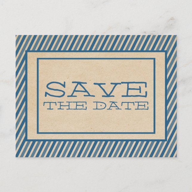 Blue Trendy Stripes Save the Date Postcard (Front)