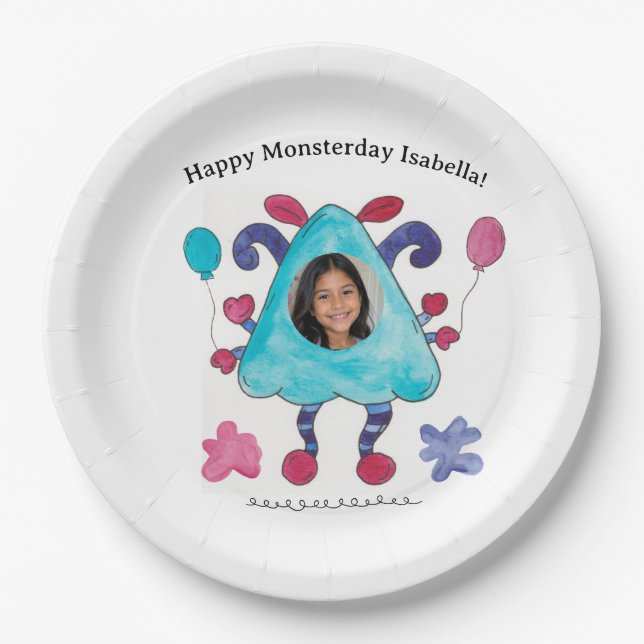 Blue Triangle Monster Birthday Party Paper Plate (Front)