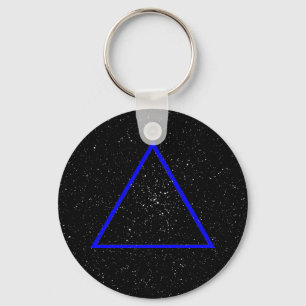Blue triangle outline on black star background key ring