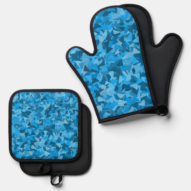 Blue Triangle Pattern Oven Mitt & Pot Holder Set (Front/Back)