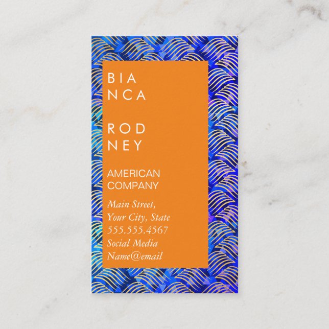 Blue Triangles and Gold Weave Business Card (Front)