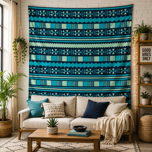 Blue Tribal Geometric Pattern Boho Wall  Tapestry (Bring Modern Tribal Charm Home)