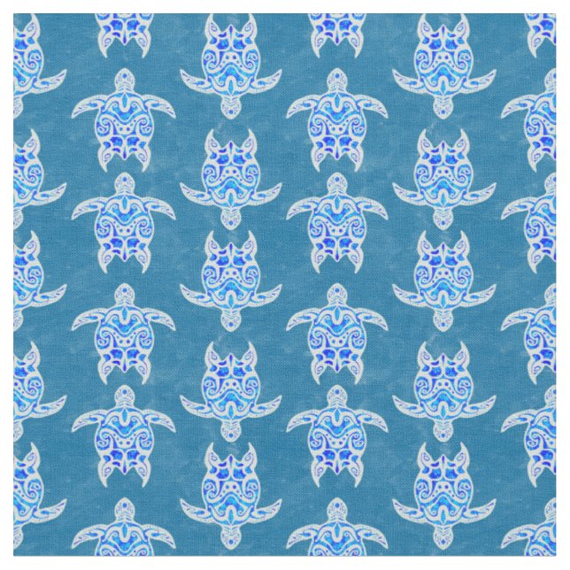 Blue Tribal Honu Sea Turtles Fabric (Close Up)