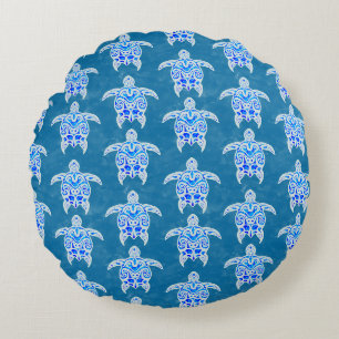 Blue Tribal Honu Sea Turtles Round Cushion