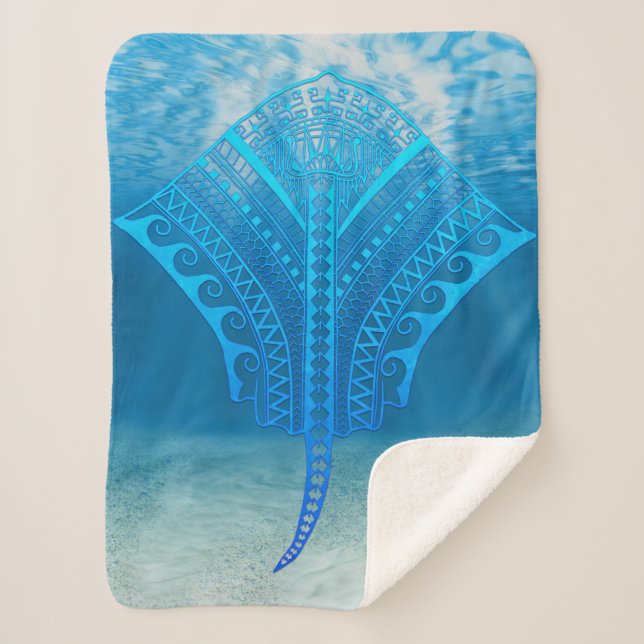Blue Tribal Stingray Sherpa Blanket (Front)