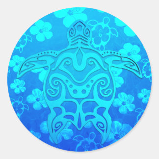 Blue Tribal Turtle Classic Round Sticker
