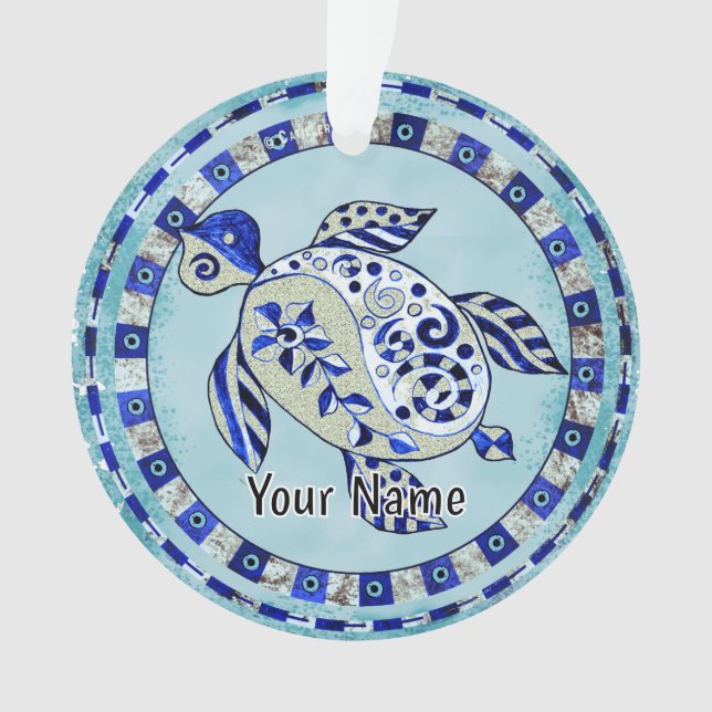 Blue Tribal Turtle Ornament (Front)