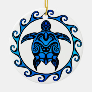 Blue Tribal Turtle Sun Ceramic Tree Decoration
