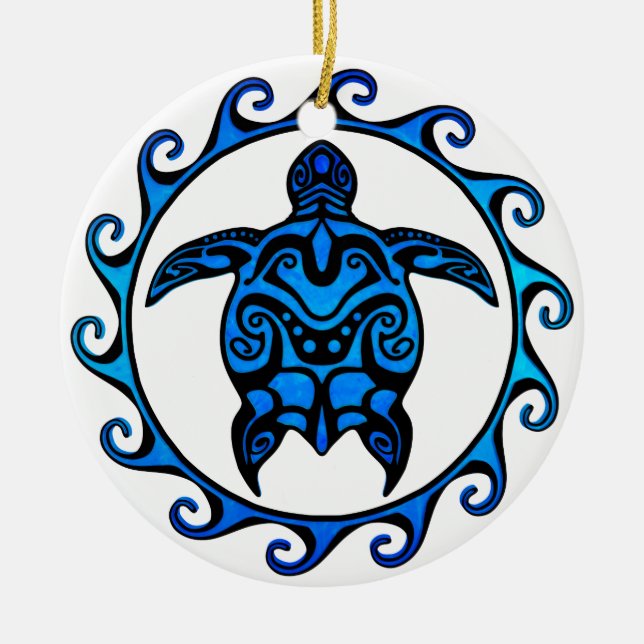 Blue Tribal Turtle Sun Ceramic Tree Decoration (Front)