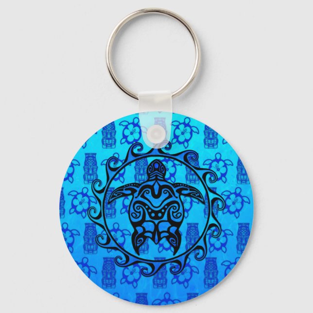 Blue Tribal Turtle Sun Key Ring (Front)
