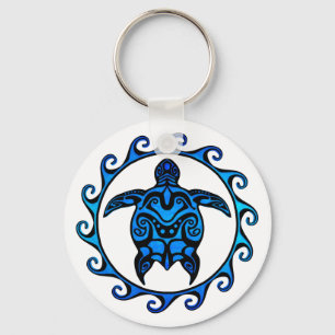 Blue Tribal Turtle Sun Key Ring