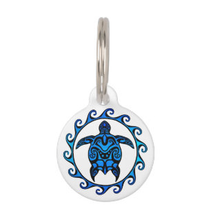 Blue Tribal Turtle Sun Pet Tag