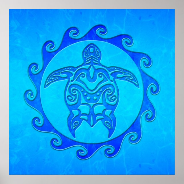 Blue Tribal Turtle Sun Poster (Front)