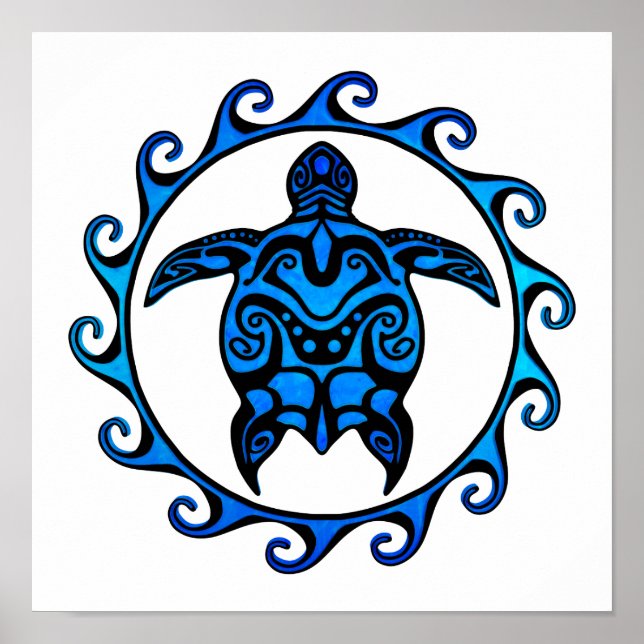 Blue Tribal Turtle Sun Poster (Front)