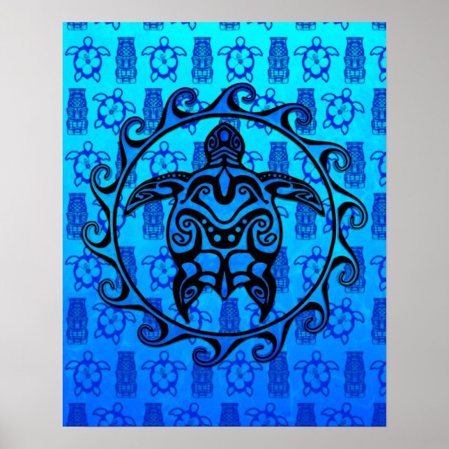 Blue Tribal Turtle Sun Poster (Front)