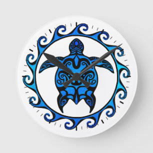 Blue Tribal Turtle Sun Round Clock