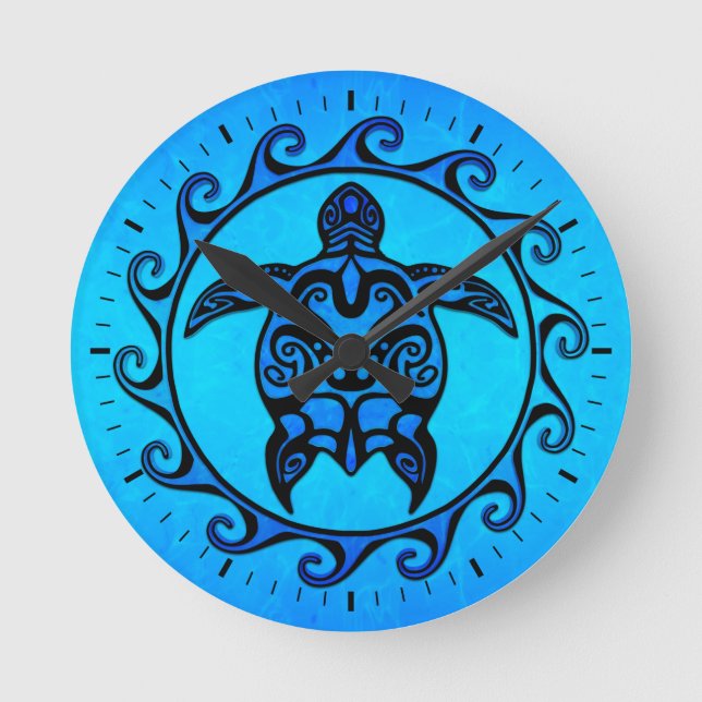Blue Tribal Turtle Sun Round Clock (Front)