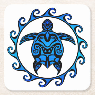 Blue Tribal Turtle Sun Square Paper Coaster