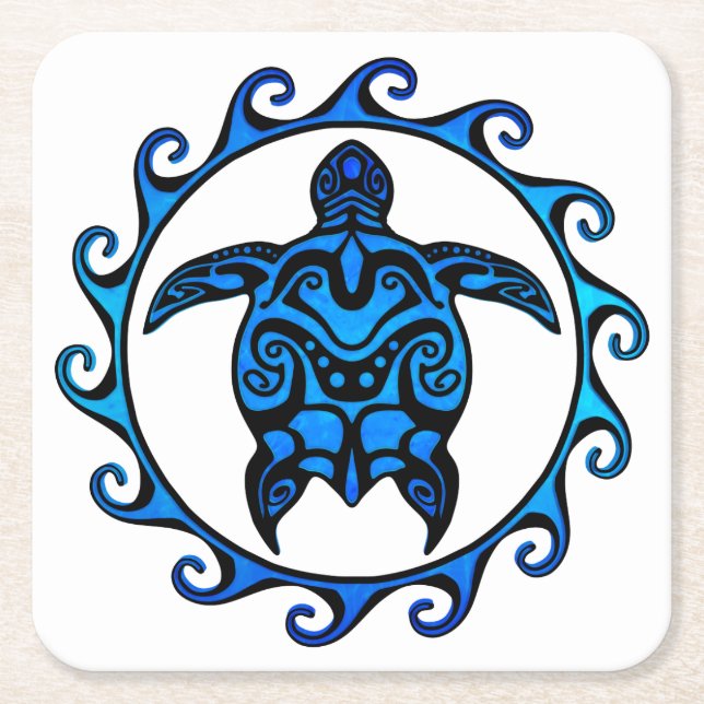 Blue Tribal Turtle Sun Square Paper Coaster (Front)