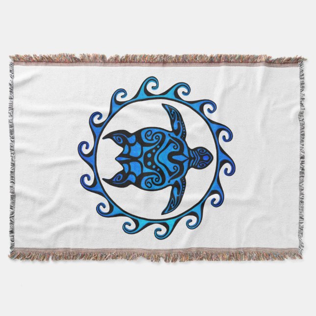 Blue Tribal Turtle Sun Throw Blanket (Front)