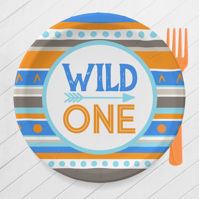 Blue Tribal Wild One 1st Birthday Party Paper Plate (Wild One 1st Birthday Party Paper Plates in Royal Blue, Baby Blue and Orange)