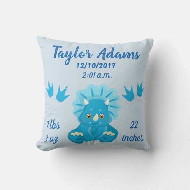 Blue Triceratops Dinosaur Birth Stats Nursery Cushion (Front)