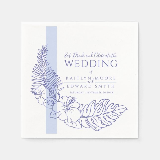 blue tropical botanic line art wedding napkin (Front)