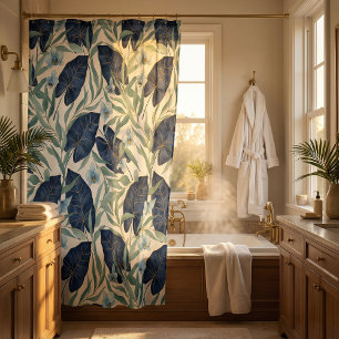 Blue Tropical Botanical Leaf Pattern – Elegant  Shower Curtain