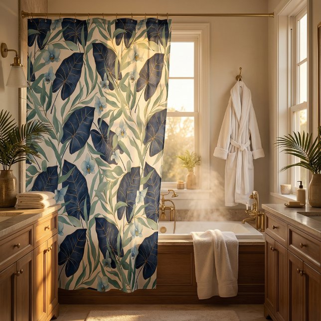 Blue Tropical Botanical Leaf Pattern – Elegant  Shower Curtain (Creator Uploaded)