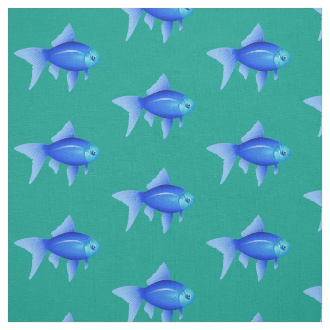 Blue Tropical Fish Pattern on Aqua Fabric (Swatch)