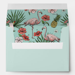 Blue Tropical Flamingo, Hibiscus and Leaves Beach Envelope