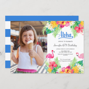 Blue Tropical Flamingo Luau Photo Birthday Invitation