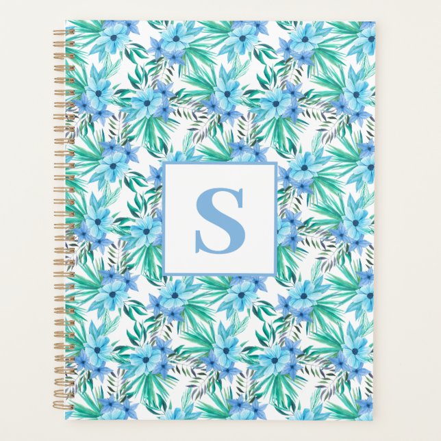 Blue Tropical Floral Monogram Planner (Front)