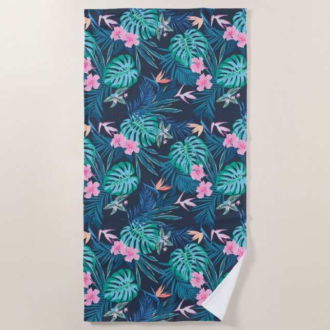 Blue Tropical Flower Garden Pattern Beach Towel (Front)
