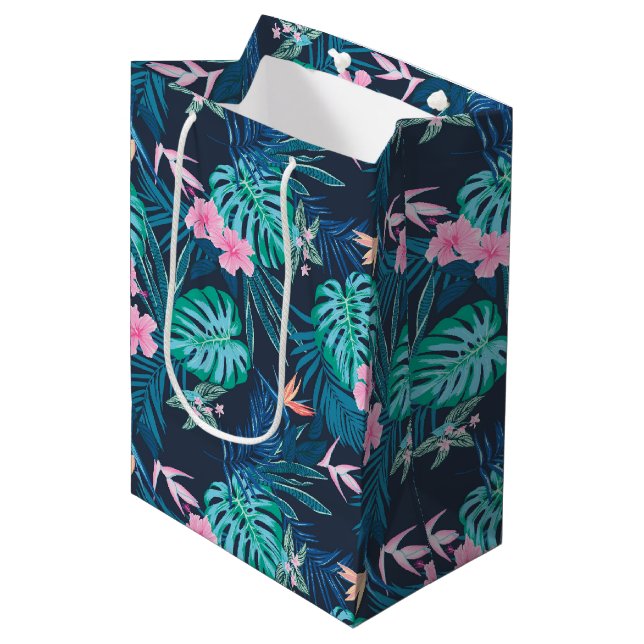Blue Tropical Flower Garden Pattern Medium Gift Bag (Front Angled)
