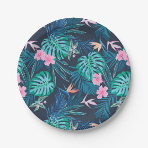 Blue Tropical Flower Garden Pattern Paper Plate