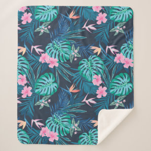 Blue Tropical Flower Garden Pattern Sherpa Blanket