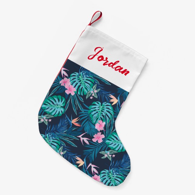 Blue Tropical Flower Garden Pattern Small Christmas Stocking (Front (Hanging))