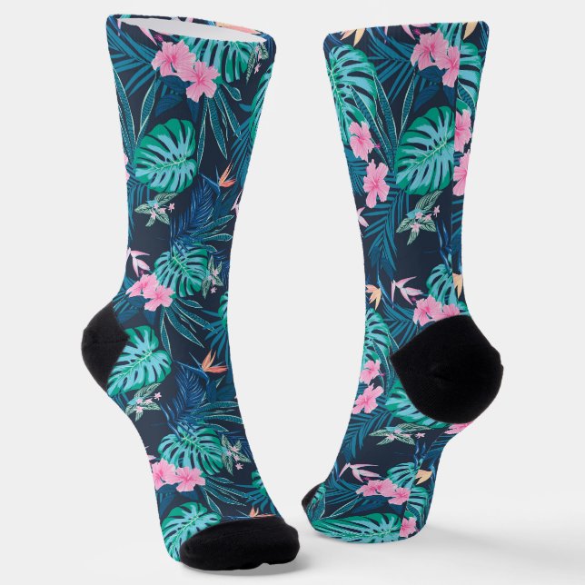 Blue Tropical Flower Garden Pattern Socks (Angled)
