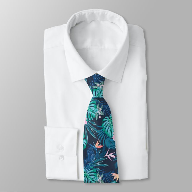 Blue Tropical Flower Garden Pattern Tie (Tied)